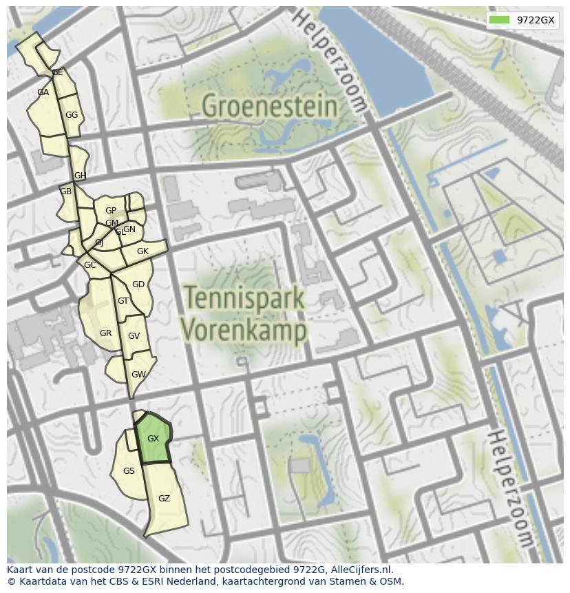 Afbeelding van het postcodegebied 9722 GX op de kaart.