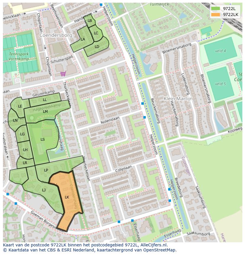 Afbeelding van het postcodegebied 9722 LK op de kaart.