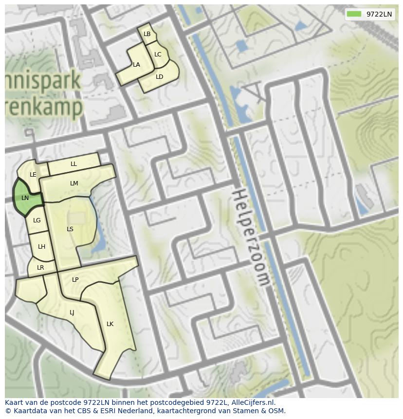 Afbeelding van het postcodegebied 9722 LN op de kaart.