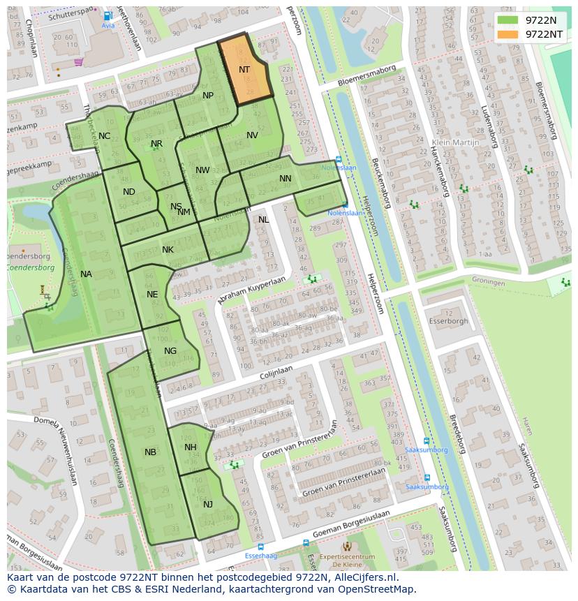 Afbeelding van het postcodegebied 9722 NT op de kaart.