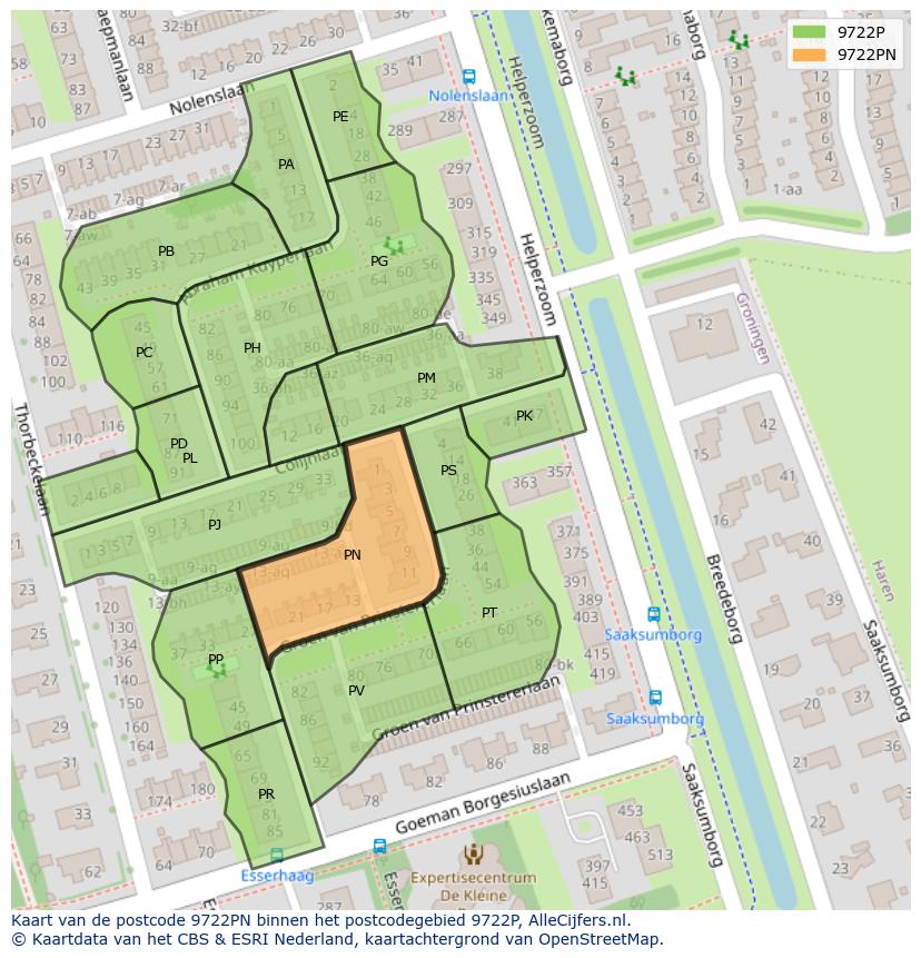 Afbeelding van het postcodegebied 9722 PN op de kaart.