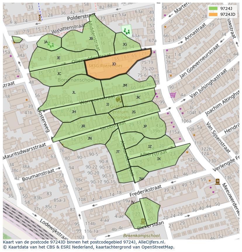Afbeelding van het postcodegebied 9724 JD op de kaart.