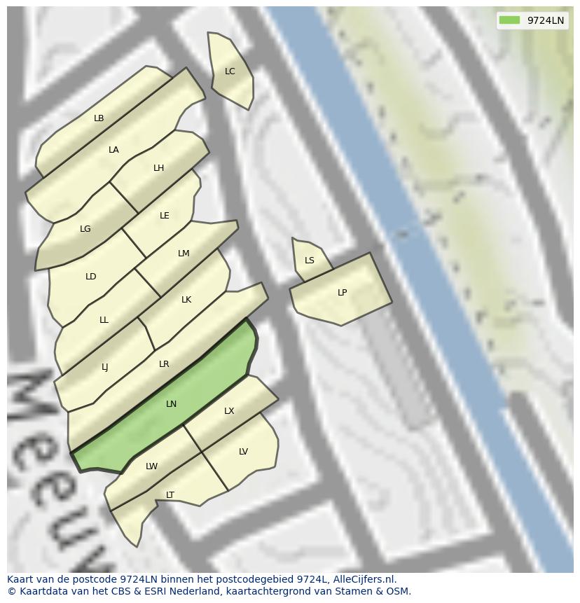 Afbeelding van het postcodegebied 9724 LN op de kaart.
