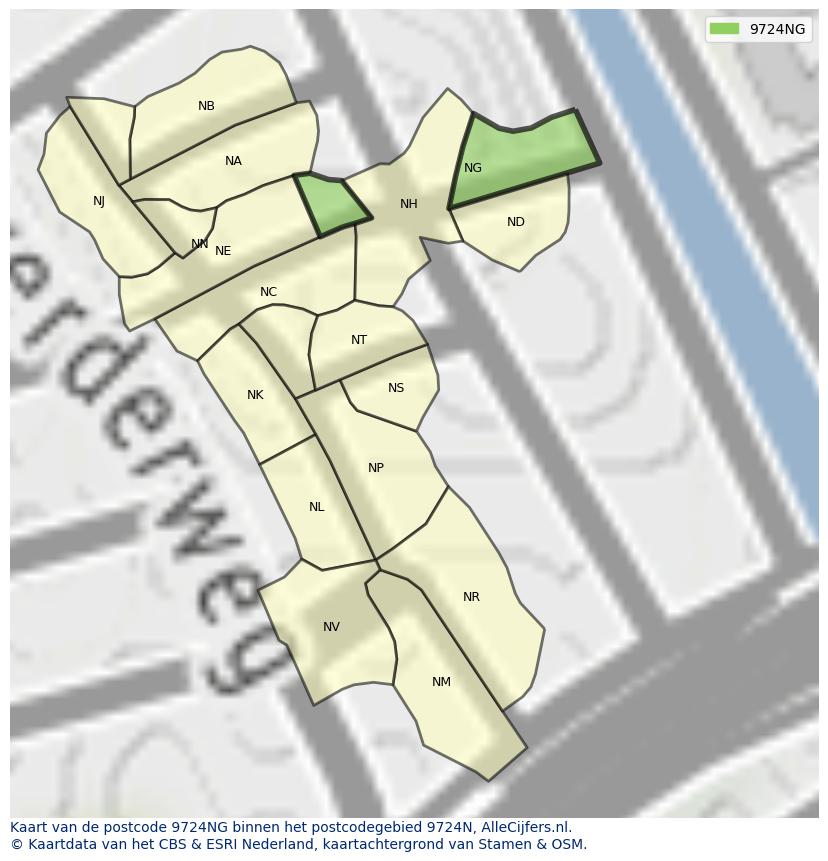 Afbeelding van het postcodegebied 9724 NG op de kaart.