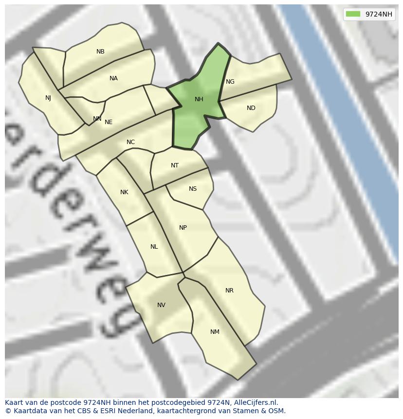 Afbeelding van het postcodegebied 9724 NH op de kaart.