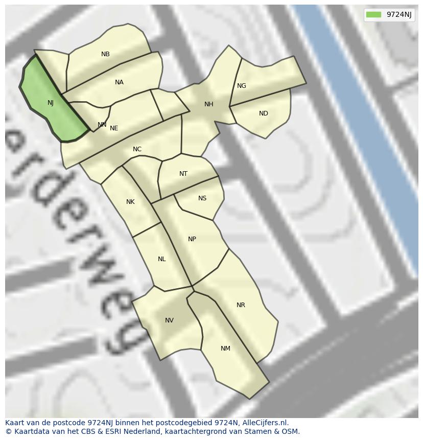 Afbeelding van het postcodegebied 9724 NJ op de kaart.