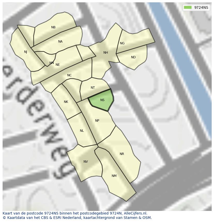 Afbeelding van het postcodegebied 9724 NS op de kaart.
