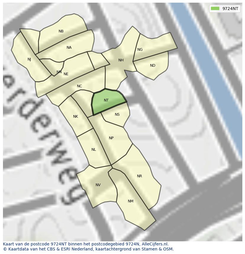 Afbeelding van het postcodegebied 9724 NT op de kaart.