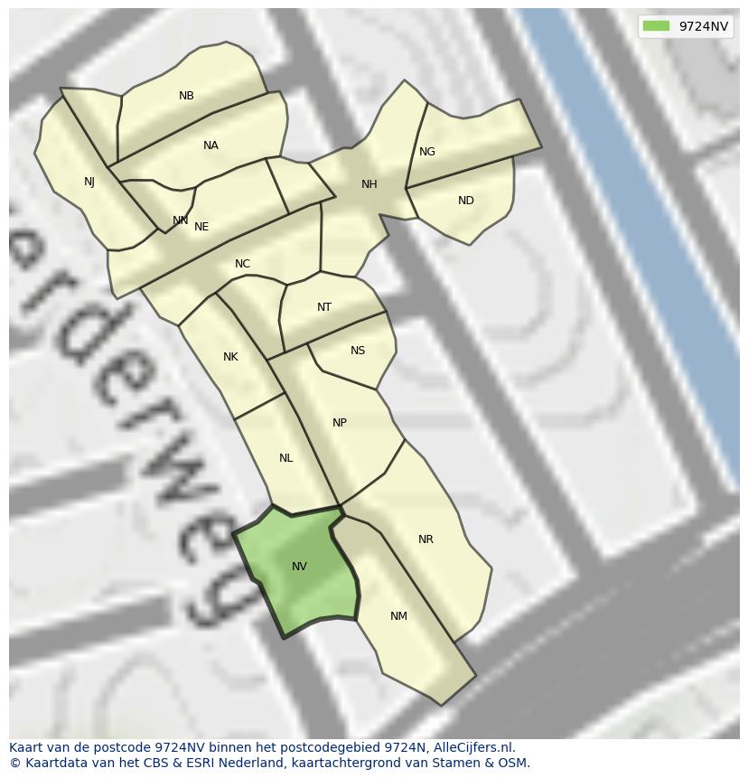 Afbeelding van het postcodegebied 9724 NV op de kaart.