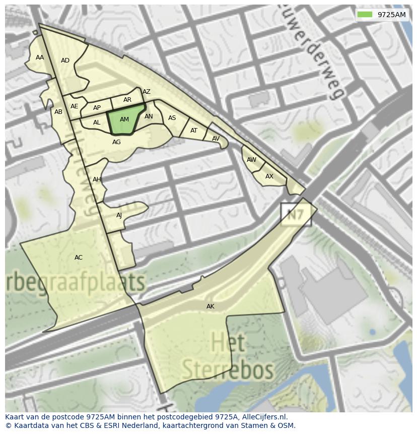 Afbeelding van het postcodegebied 9725 AM op de kaart.
