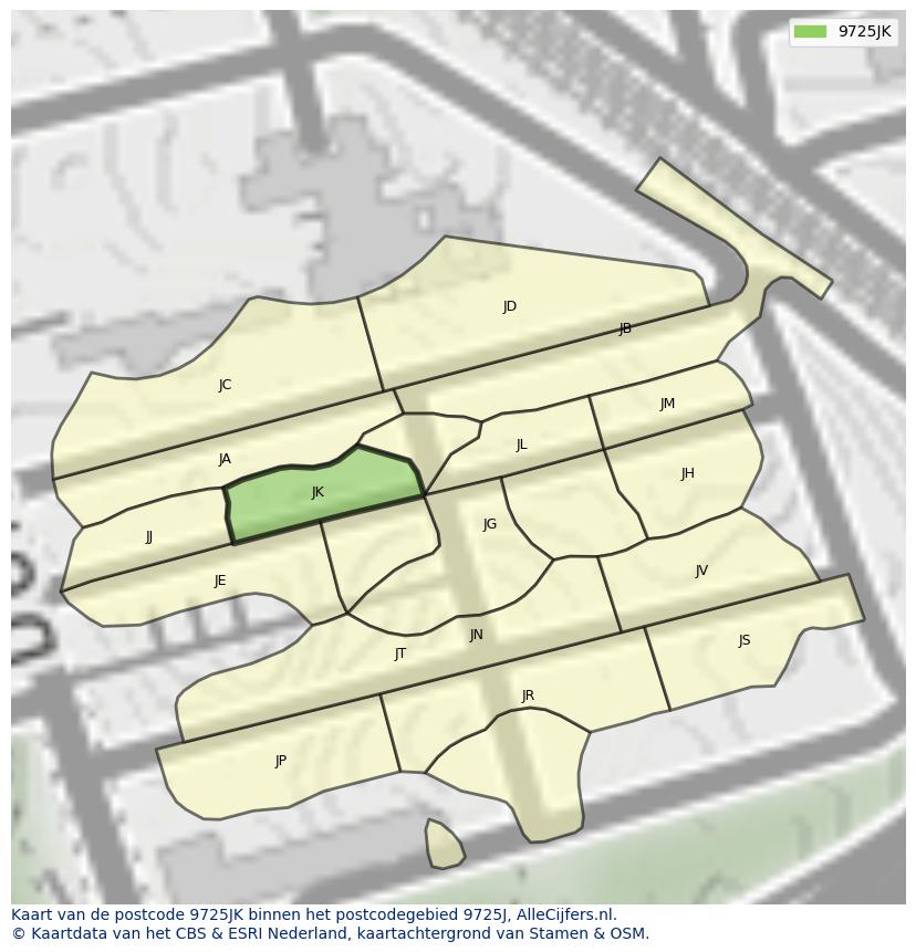 Afbeelding van het postcodegebied 9725 JK op de kaart.