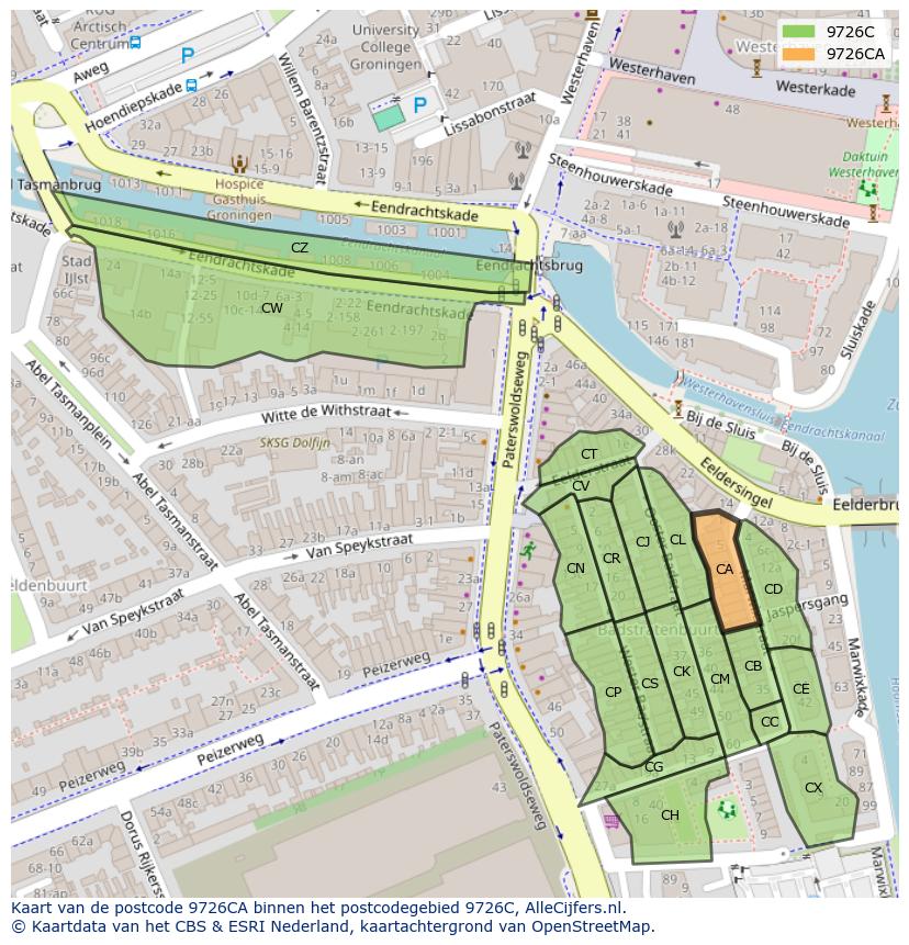Afbeelding van het postcodegebied 9726 CA op de kaart.