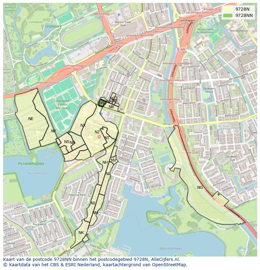 Afbeelding van het postcodegebied 9728 NN op de kaart.