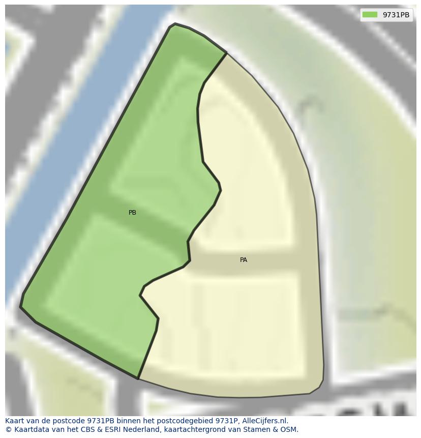 Afbeelding van het postcodegebied 9731 PB op de kaart.