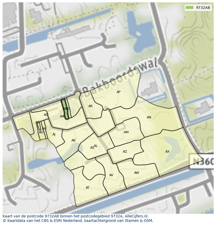 Afbeelding van het postcodegebied 9732 AB op de kaart.