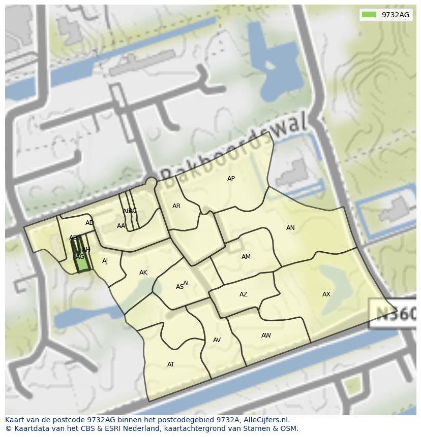 Afbeelding van het postcodegebied 9732 AG op de kaart.