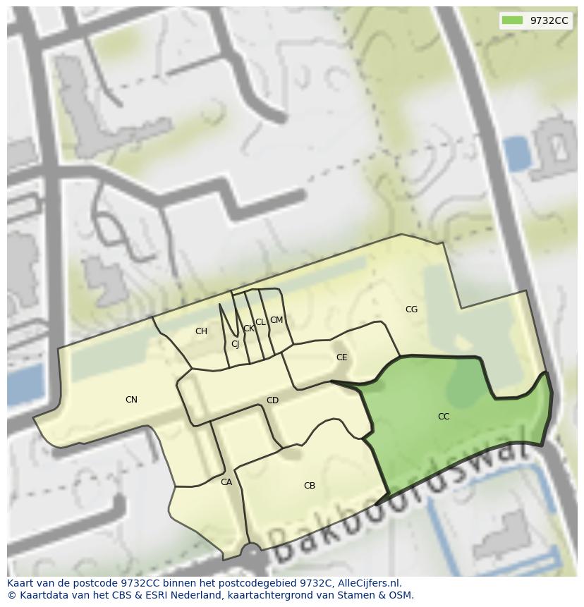 Afbeelding van het postcodegebied 9732 CC op de kaart.