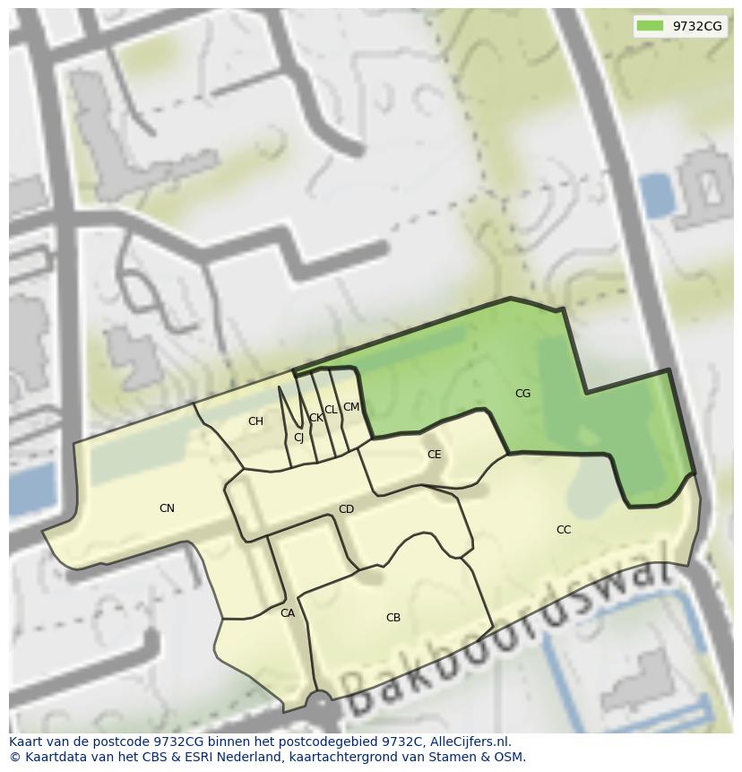 Afbeelding van het postcodegebied 9732 CG op de kaart.