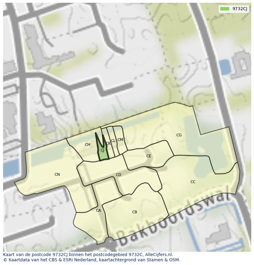 Afbeelding van het postcodegebied 9732 CJ op de kaart.