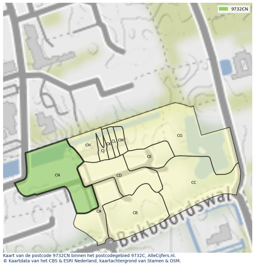 Afbeelding van het postcodegebied 9732 CN op de kaart.