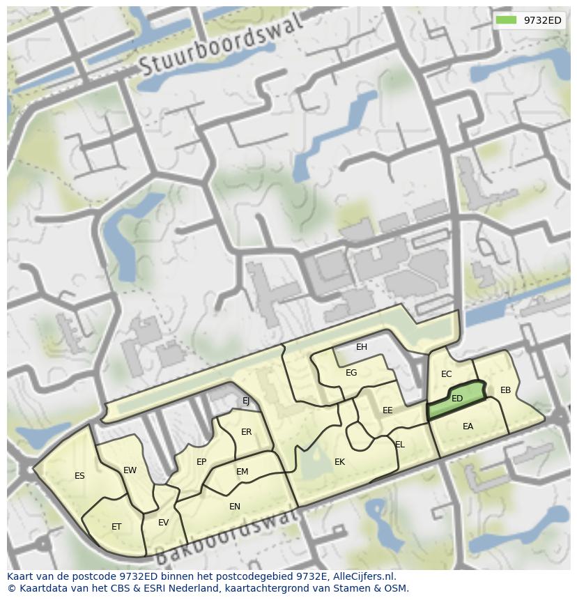 Afbeelding van het postcodegebied 9732 ED op de kaart.