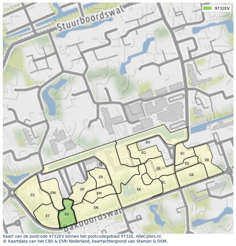 Afbeelding van het postcodegebied 9732 EV op de kaart.
