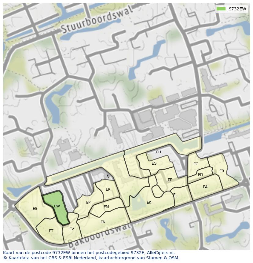 Afbeelding van het postcodegebied 9732 EW op de kaart.