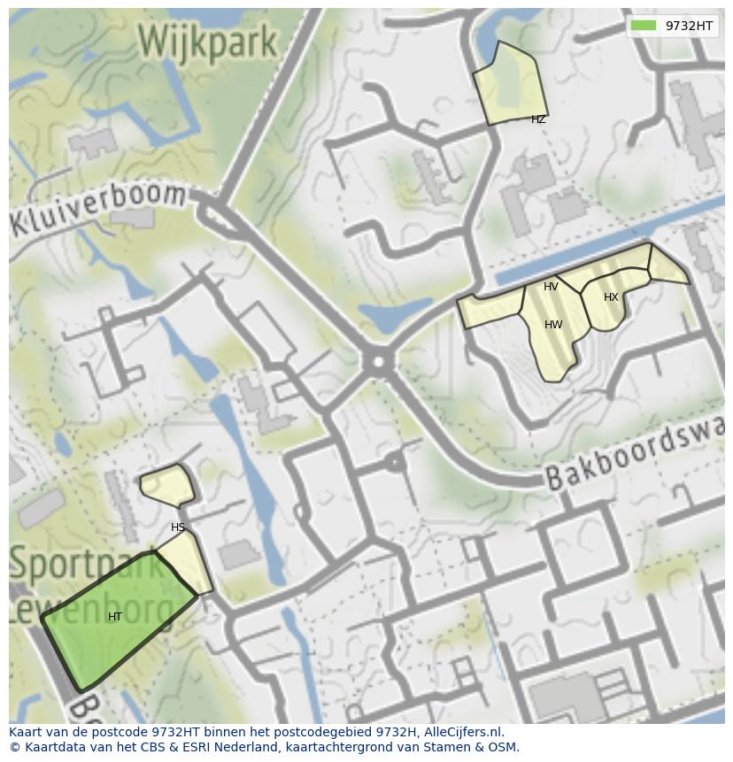 Afbeelding van het postcodegebied 9732 HT op de kaart.