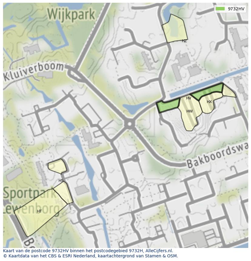 Afbeelding van het postcodegebied 9732 HV op de kaart.