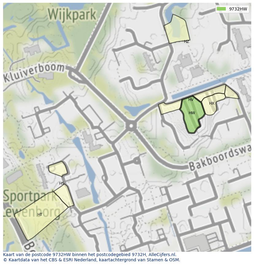 Afbeelding van het postcodegebied 9732 HW op de kaart.