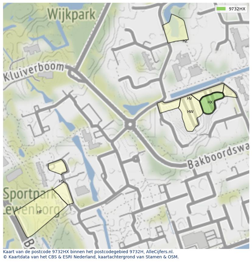 Afbeelding van het postcodegebied 9732 HX op de kaart.