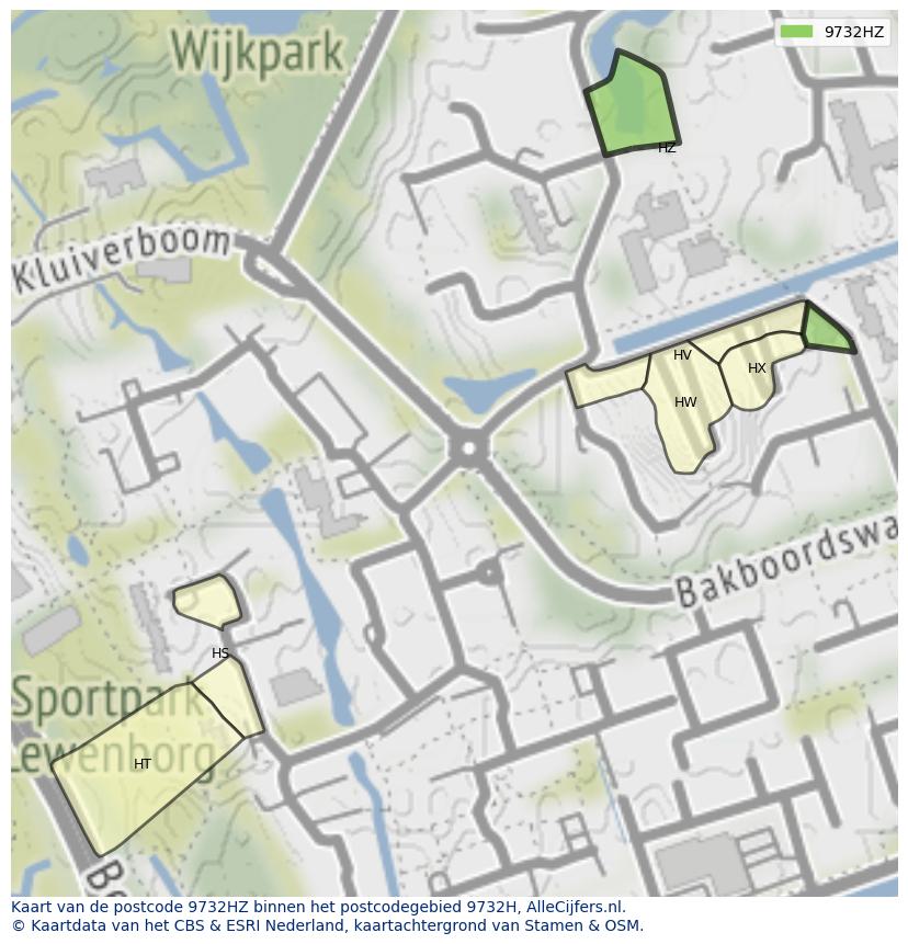 Afbeelding van het postcodegebied 9732 HZ op de kaart.