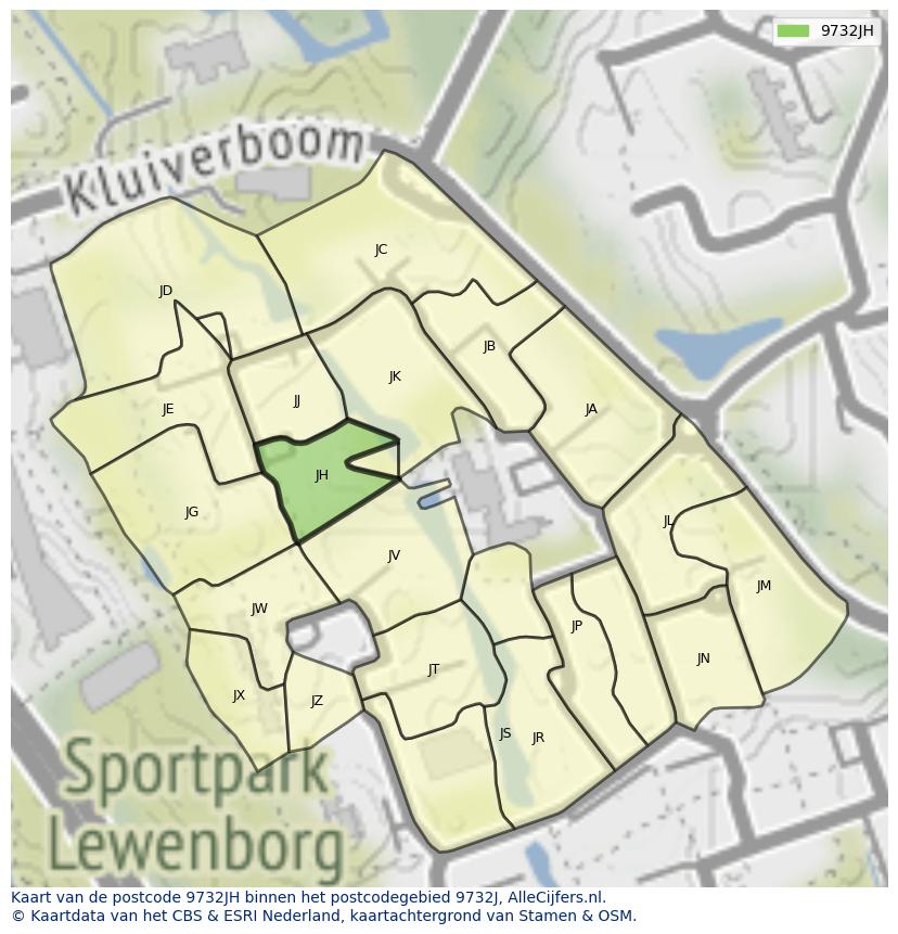 Afbeelding van het postcodegebied 9732 JH op de kaart.