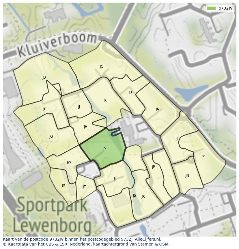Afbeelding van het postcodegebied 9732 JV op de kaart.
