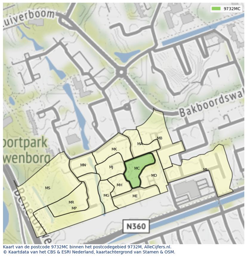 Afbeelding van het postcodegebied 9732 MC op de kaart.