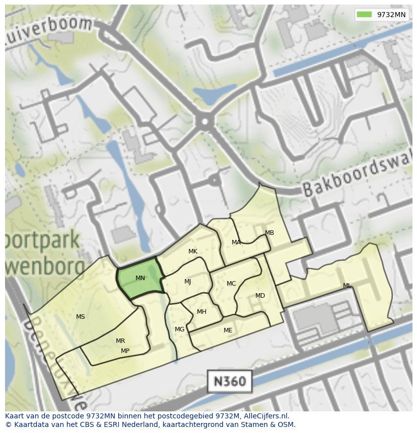 Afbeelding van het postcodegebied 9732 MN op de kaart.