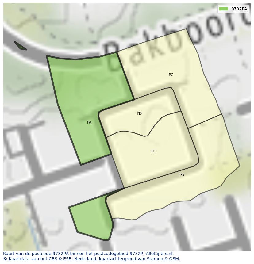 Afbeelding van het postcodegebied 9732 PA op de kaart.