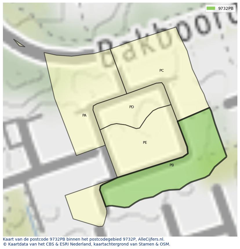 Afbeelding van het postcodegebied 9732 PB op de kaart.