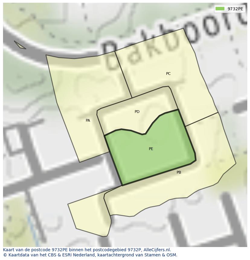 Afbeelding van het postcodegebied 9732 PE op de kaart.