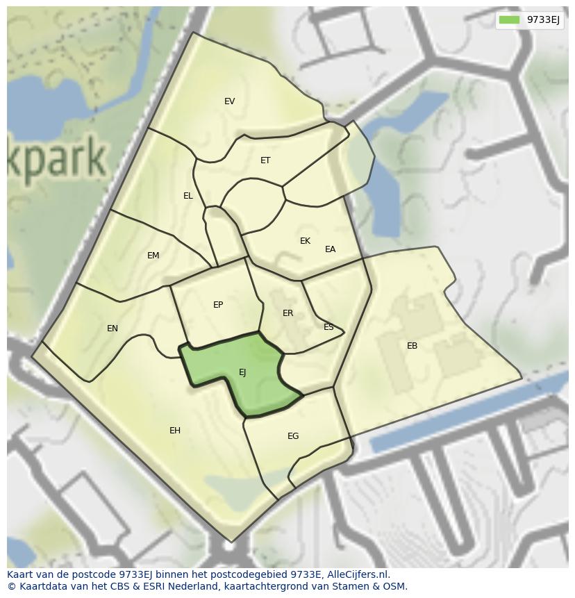 Afbeelding van het postcodegebied 9733 EJ op de kaart.