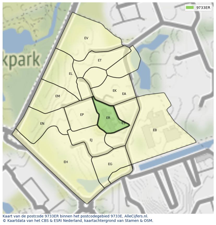 Afbeelding van het postcodegebied 9733 ER op de kaart.