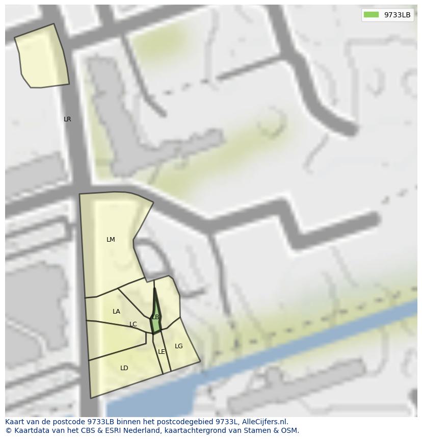 Afbeelding van het postcodegebied 9733 LB op de kaart.