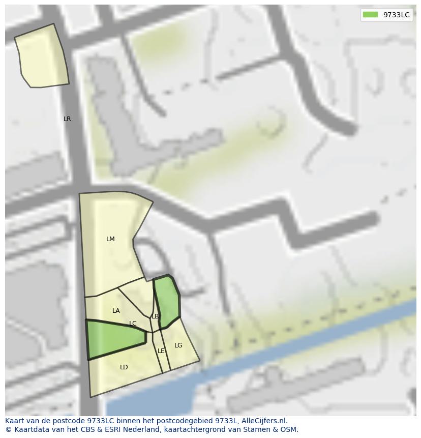 Afbeelding van het postcodegebied 9733 LC op de kaart.