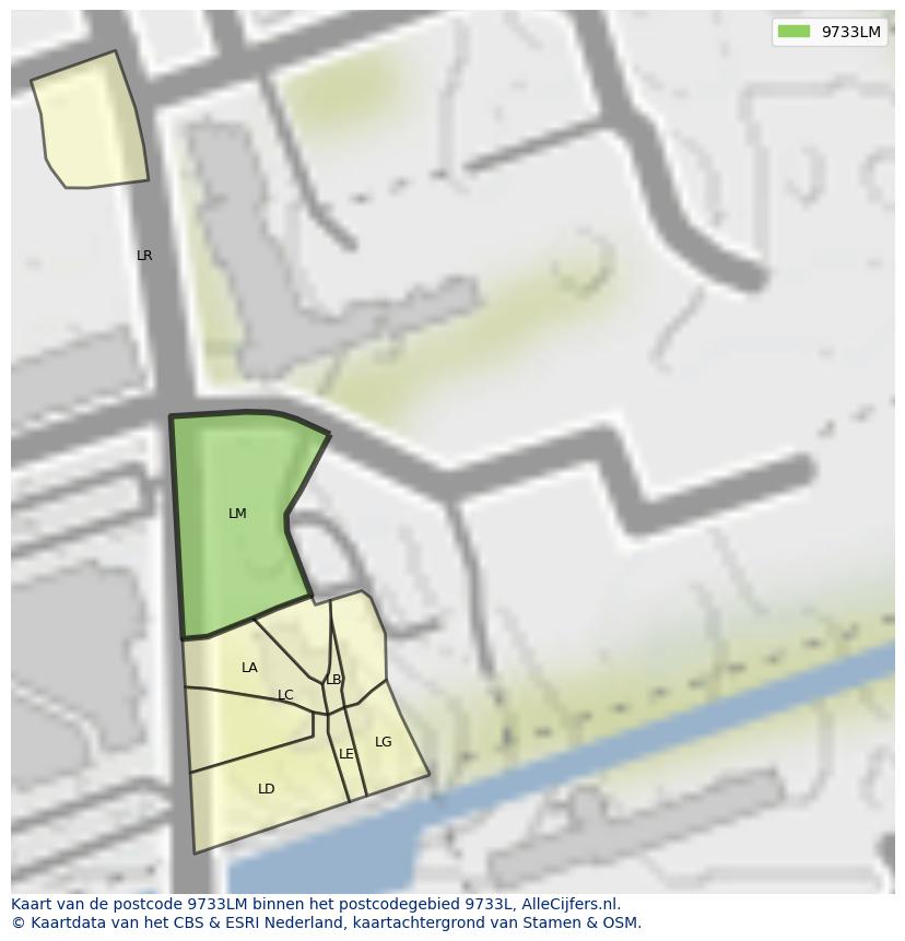 Afbeelding van het postcodegebied 9733 LM op de kaart.