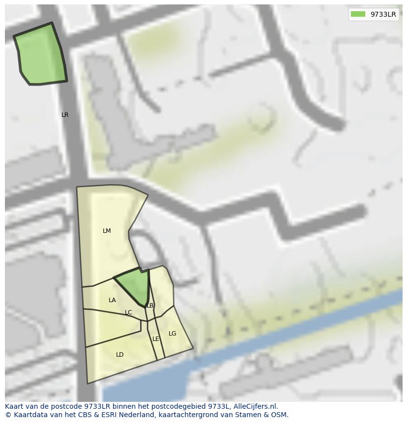 Afbeelding van het postcodegebied 9733 LR op de kaart.