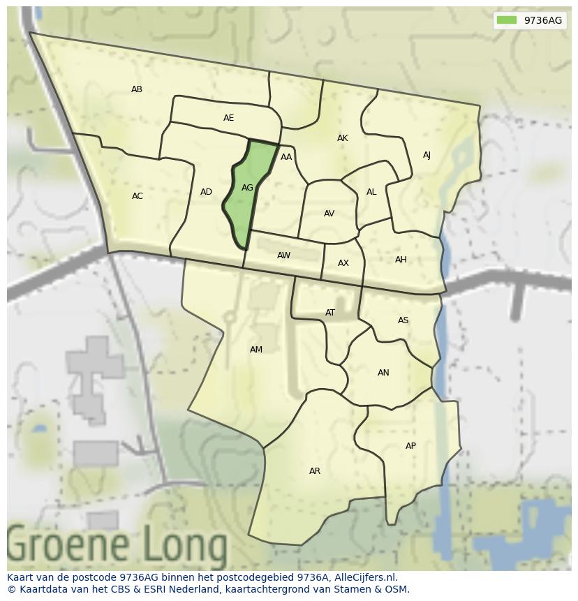 Afbeelding van het postcodegebied 9736 AG op de kaart.