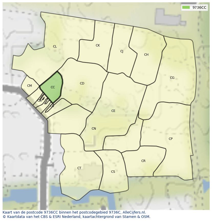 Afbeelding van het postcodegebied 9736 CC op de kaart.