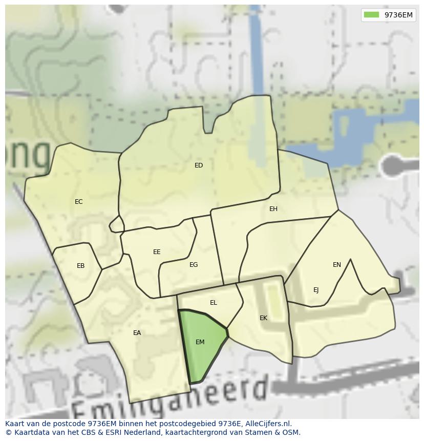 Afbeelding van het postcodegebied 9736 EM op de kaart.
