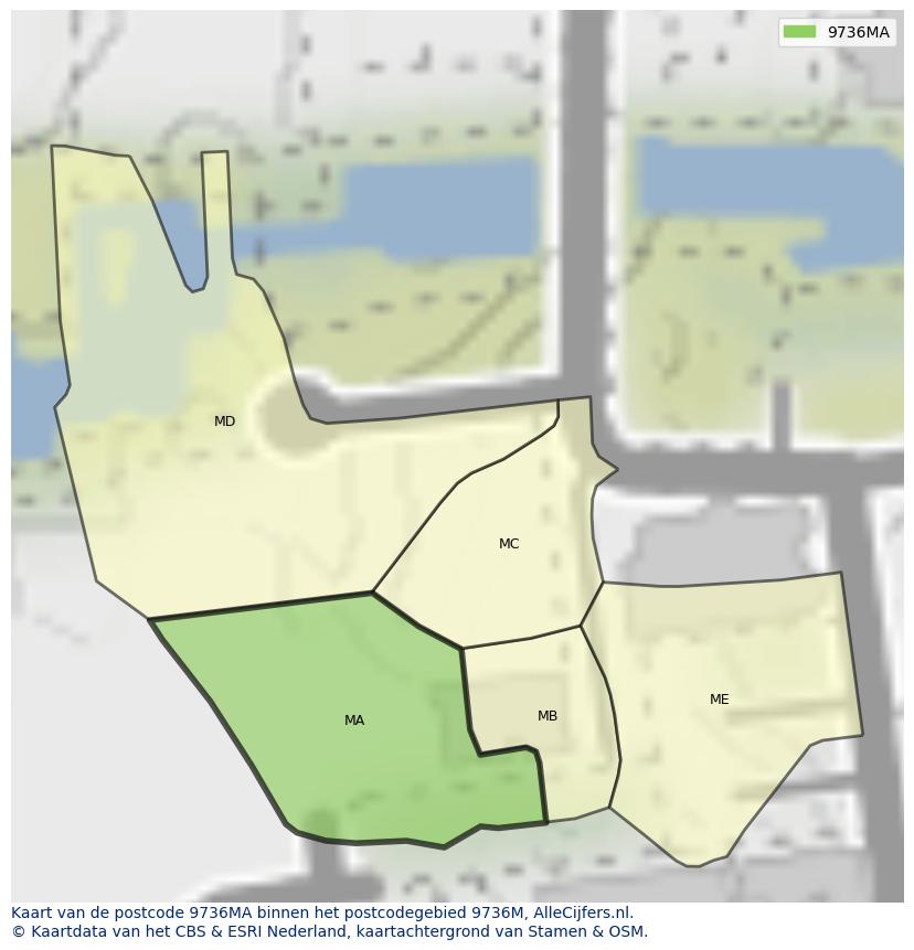 Afbeelding van het postcodegebied 9736 MA op de kaart.