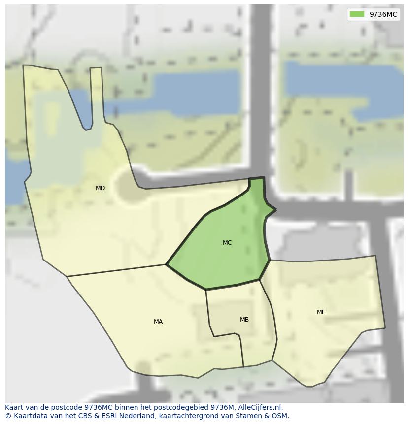 Afbeelding van het postcodegebied 9736 MC op de kaart.